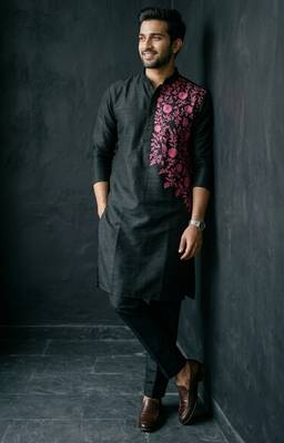 Black embroidered dupion silk kurta set 3