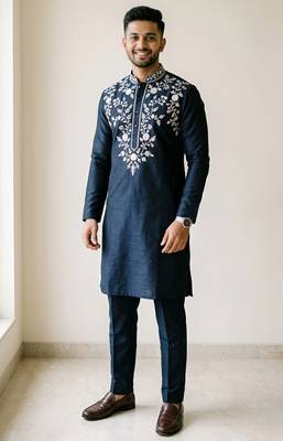 Navy embroidered dupion silk kurta set 1