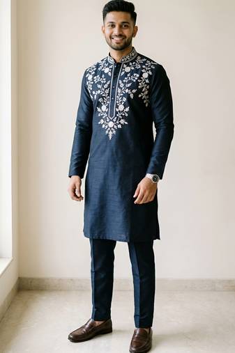 Navy embroidered dupion silk kurta set