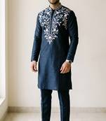 Navy embroidered dupion silk kurta set