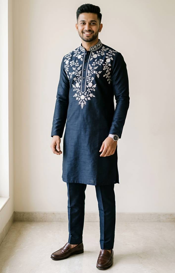 Navy embroidered dupion silk kurta set