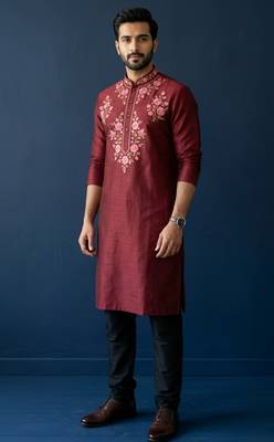 Maroon embroidered dupion silk kurta set 3