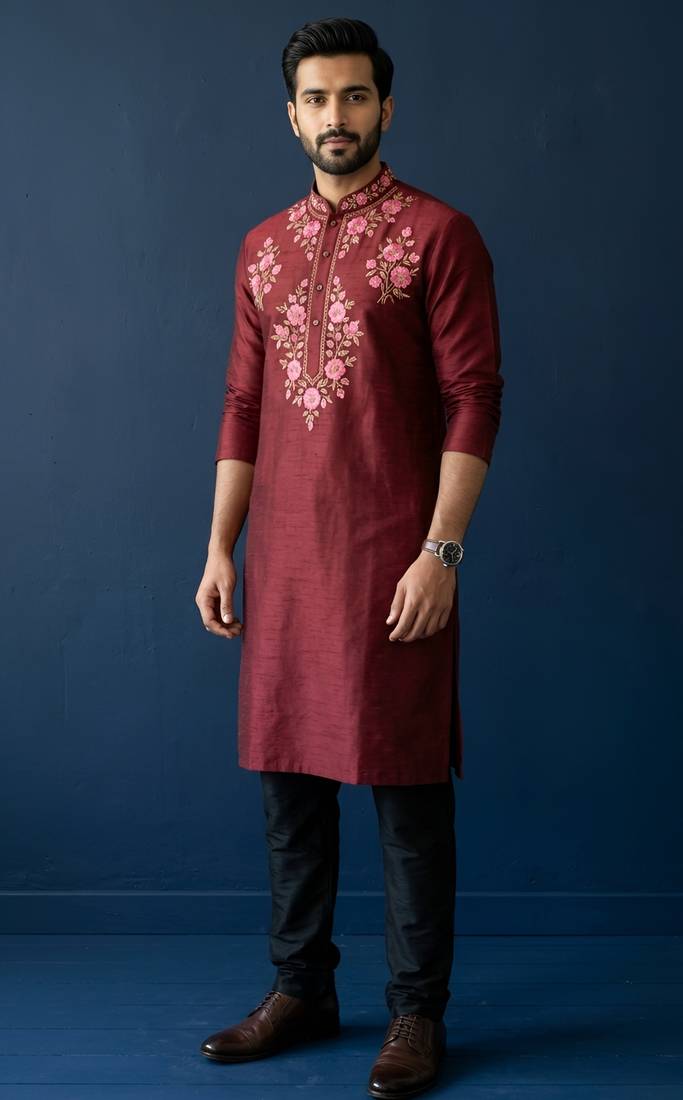 Maroon embroidered dupion silk kurta set