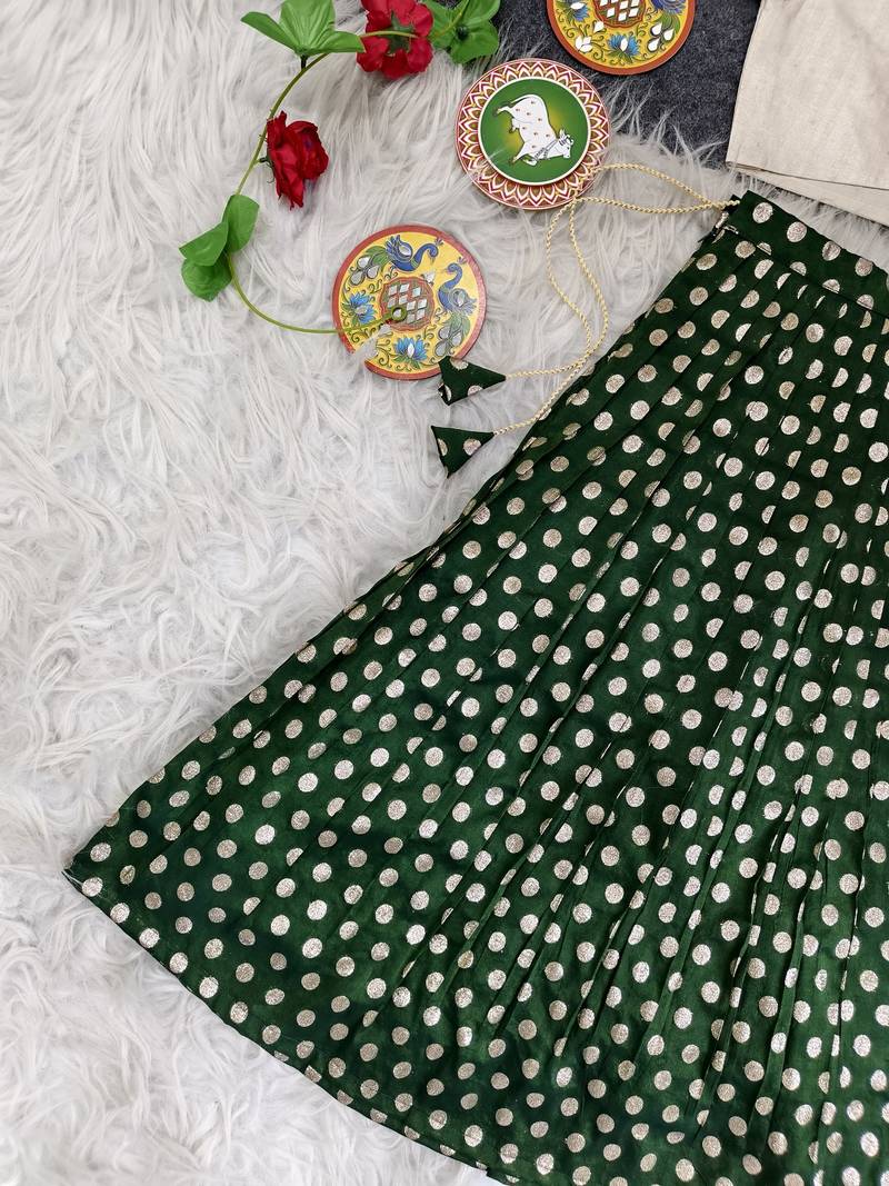 Girls traditional green polka dot lehenga choli in silk blend with v-neck