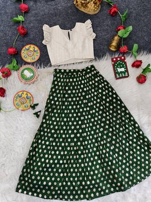 Girls traditional green polka dot lehenga choli in silk blend with v-neck 1