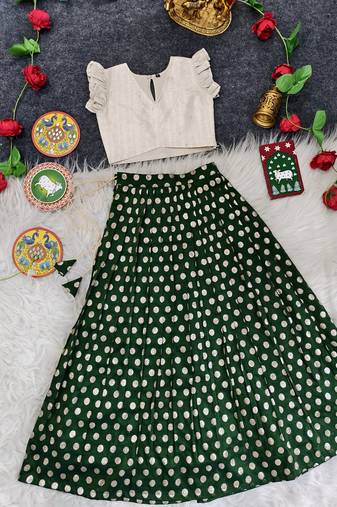 Girls traditional green polka dot lehenga choli in silk blend with v-neck