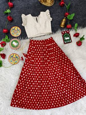 Girls traditional red polka dot lehenga choli in silk blend with v-neck 1