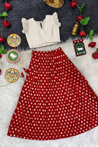 Girls traditional red polka dot lehenga choli in silk blend with v-neck