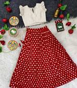 Girls traditional red polka dot lehenga choli in silk blend with v-neck