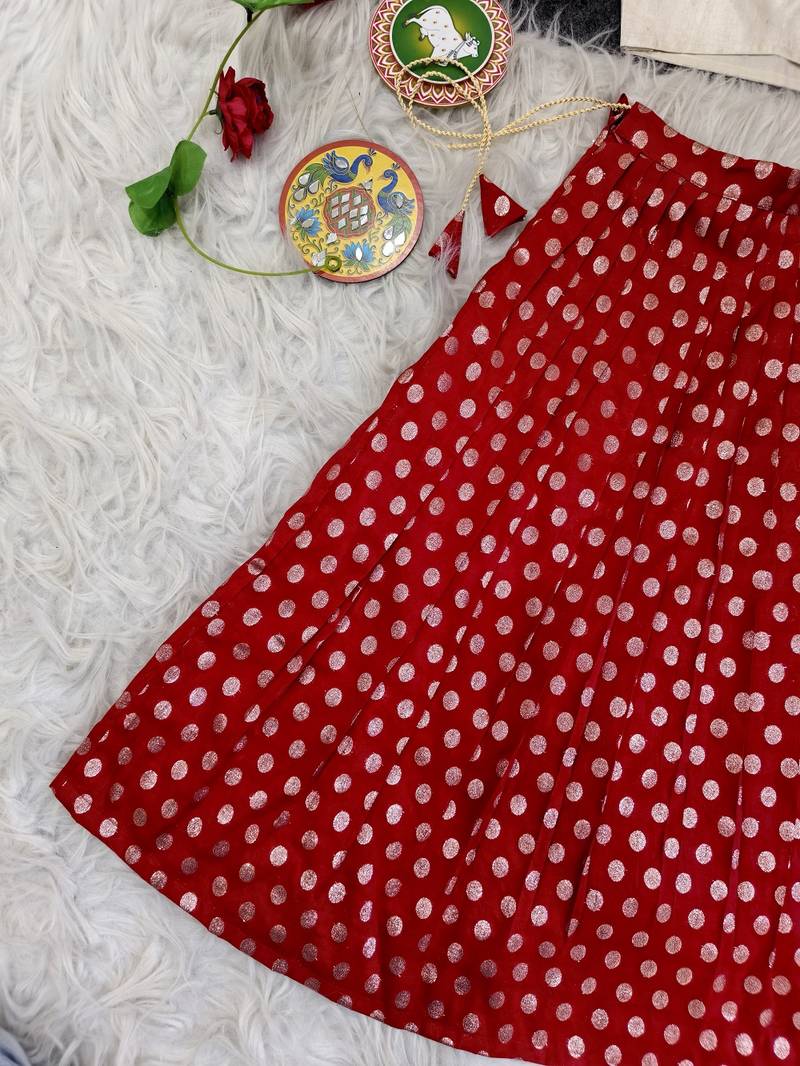 Girls traditional red polka dot lehenga choli in silk blend with v-neck