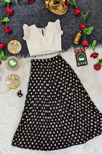 Girls traditional black polka dot lehenga choli in silk blend with v-neck