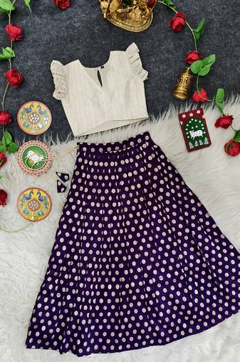 Girls traditional violet polka dot lehenga choli in silk blend with v-neck