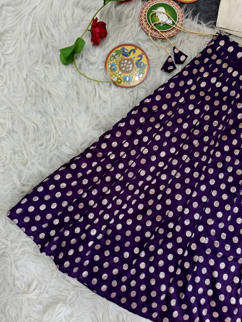 Girls traditional violet polka dot lehenga choli in silk blend with v-neck