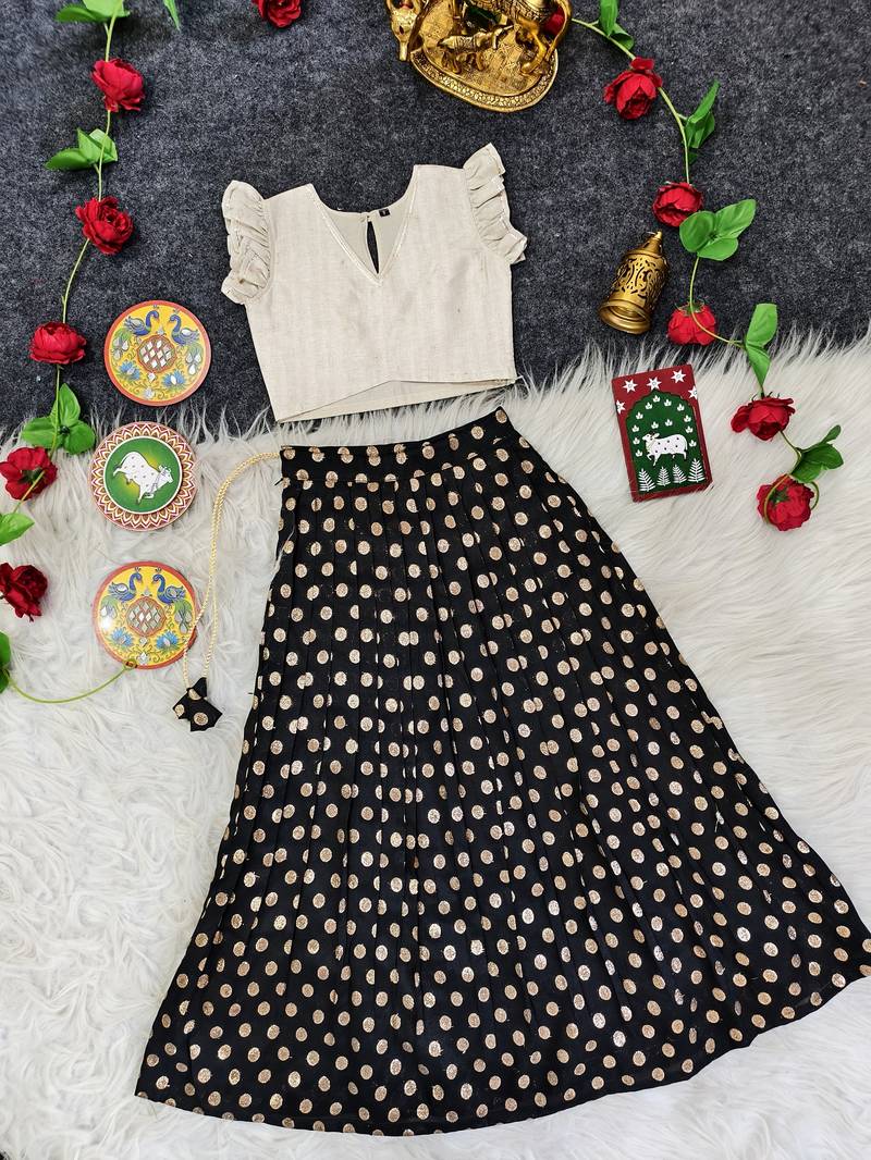 Girls traditional black polka dot lehenga choli in silk blend with v-neck
