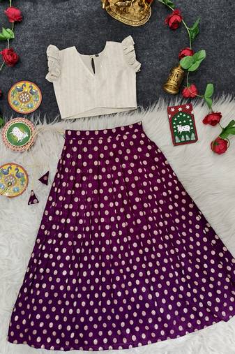 Girls traditional purple polka dot lehenga choli in silk blend with v-neck