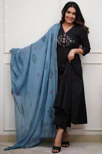  black foil mirror work cotton anarkali suit