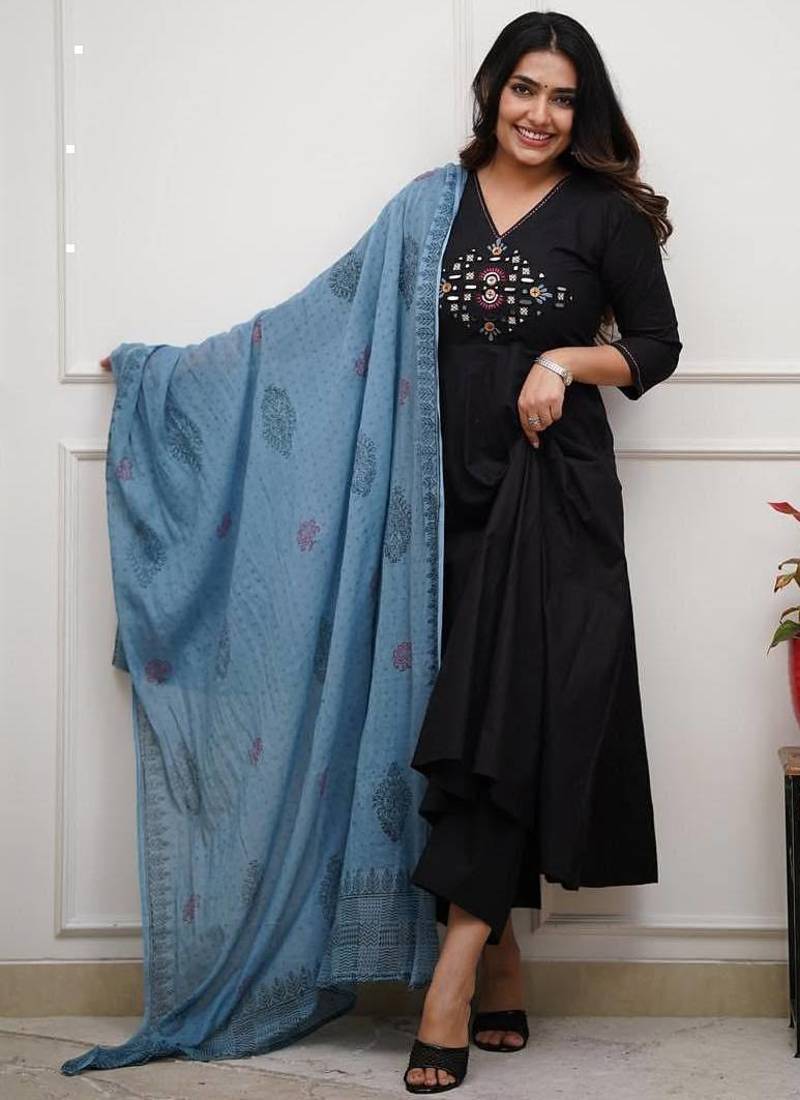  black foil mirror work cotton anarkali suit