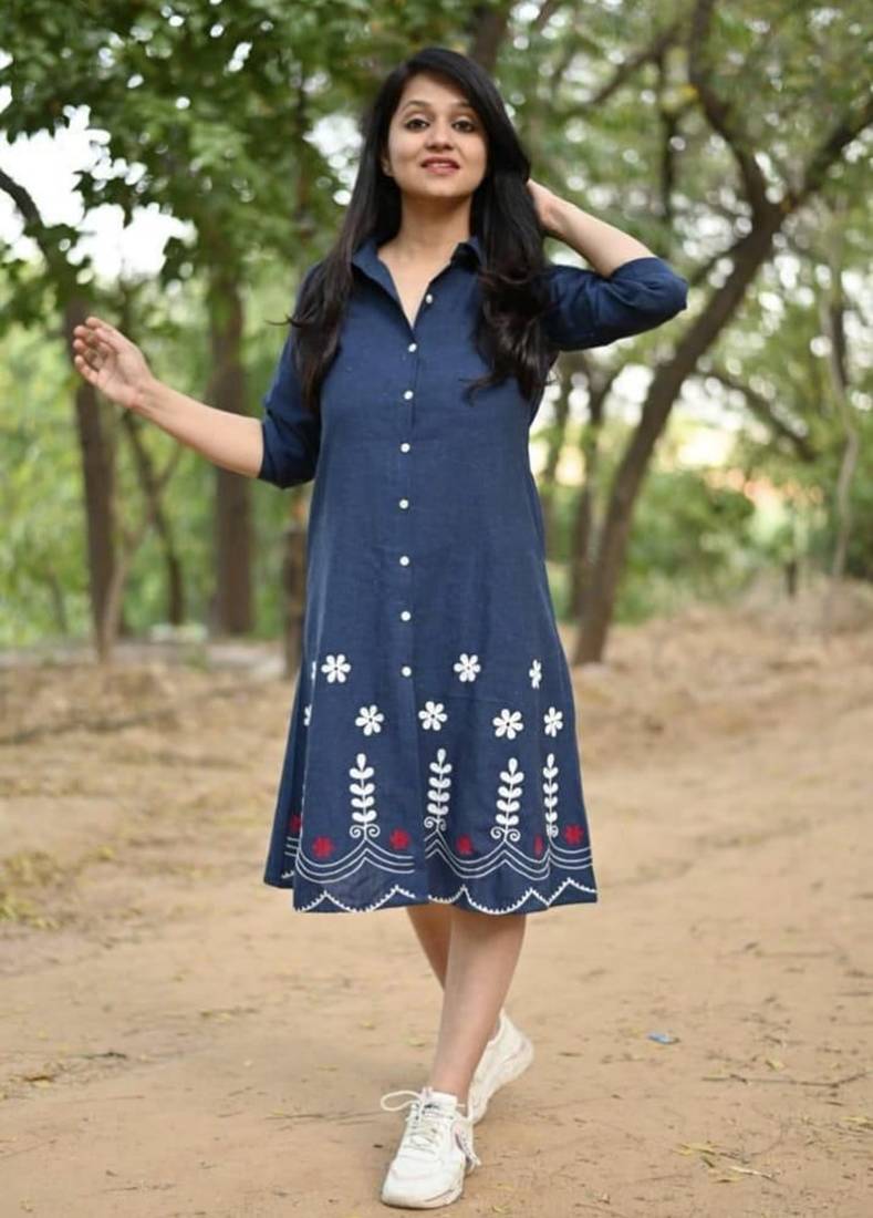  navy blue floral embroidered denim a-line middi
