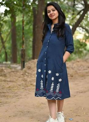  navy blue floral embroidered denim a-line middi 2