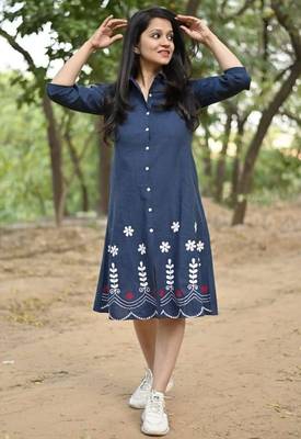  navy blue floral embroidered denim a-line middi 3