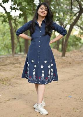  navy blue floral embroidered denim a-line middi 4