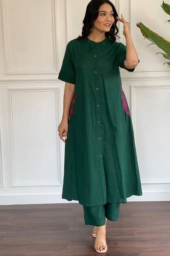  green solid a-line pure cotton kurta set with trousers