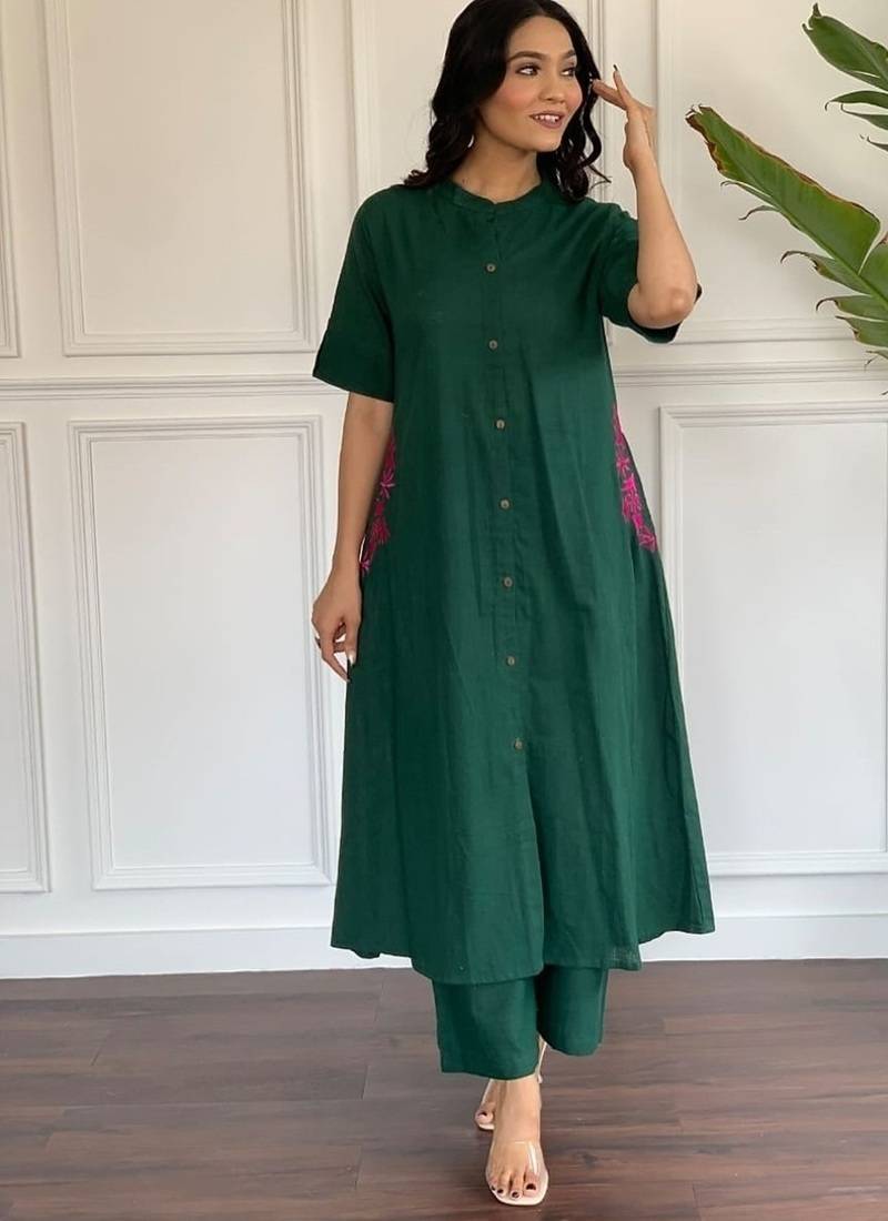  green solid a-line pure cotton kurta set with trousers