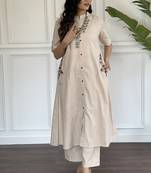  off white solid a-line pure cotton kurta set with trousers
