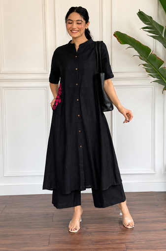  black solid a-line pure cotton kurta set with trousers
