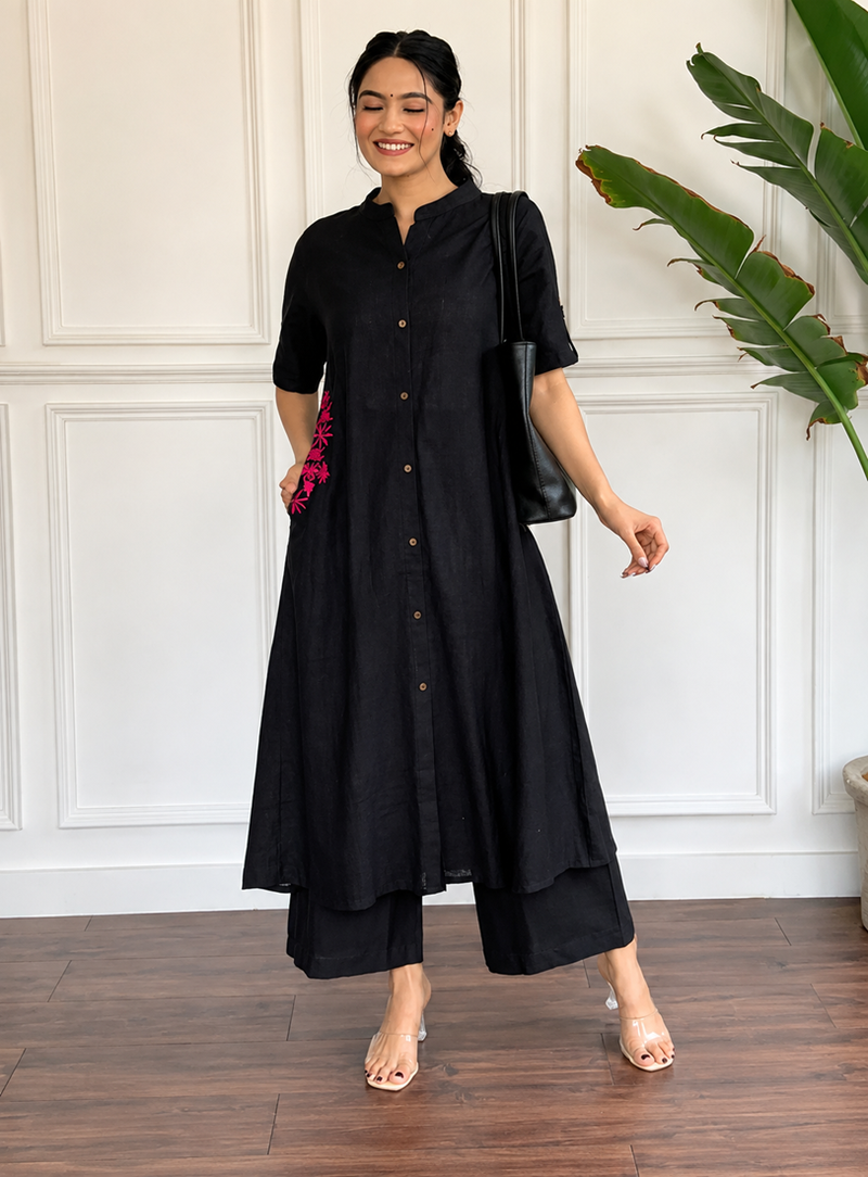  black solid a-line pure cotton kurta set with trousers