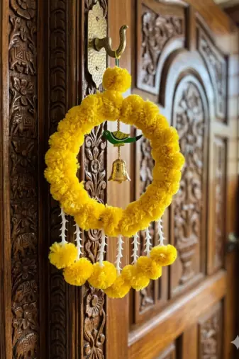Handmade Artificial Genda Flower Ring Hanging with Parrot and Bell Decoration for Home Decor (Pack of 2)