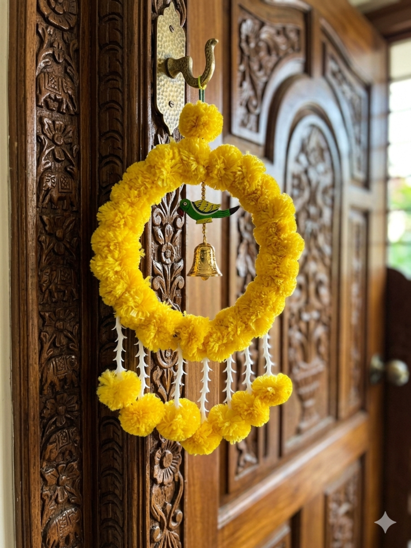 Handmade Artificial Genda Flower Ring Hanging with Parrot and Bell Decoration for Home Decor (Pack of 2)