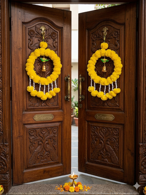 Handmade Artificial Genda Flower Ring Hanging with Parrot and Bell Decoration for Home Decor (Pack of 2) 2