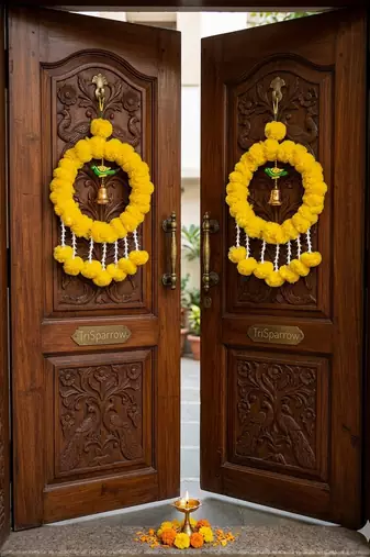 Handmade Artificial Genda Flower Ring Hanging with Parrot and Bell Decoration for Home Decor (Pack of 2)