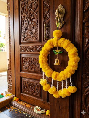 Handmade Artificial Genda Flower Ring Hanging with Parrot and Bell Decoration for Home Decor (Pack of 2) 3