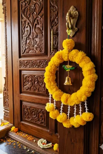 Handmade Artificial Genda Flower Ring Hanging with Parrot and Bell Decoration for Home Decor (Pack of 2)