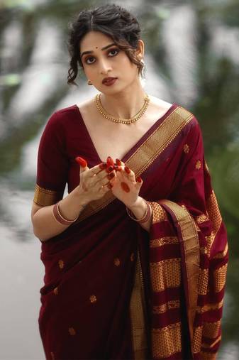 Maroon art silk woven saree with zari work