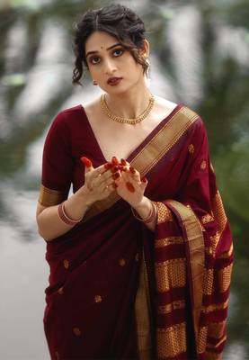 Maroon art silk woven saree with zari work 1