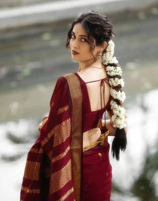Maroon art silk woven saree with zari work 2