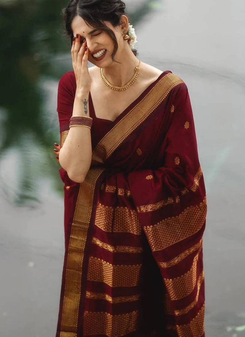 Maroon art silk woven saree with zari work