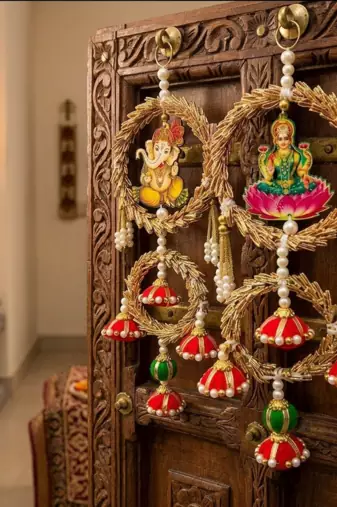 Handmade Lakshmi Ganesh Wall Hanging Decorative Door Hanging Traditional Indian Festive Home Decor (Pack of 2)