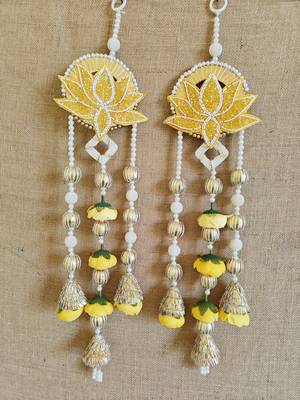 Decorative Yellow Lotus Patch Peony Latkan Hanging Perfect Home Decor | Handmade Door Hanging (Pack of 2) 1