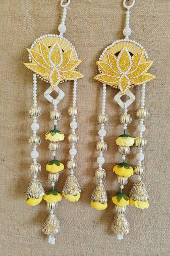 Decorative Yellow Lotus Patch Peony Latkan Hanging Perfect Home Decor | Handmade Door Hanging (Pack of 2)