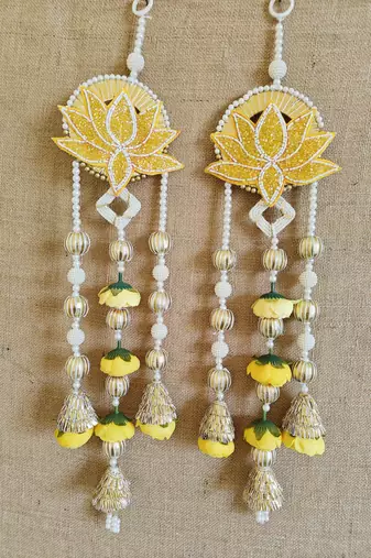 Decorative Yellow Lotus Patch Peony Latkan Hanging Perfect Home Decor | Handmade Door Hanging (Pack of 2)