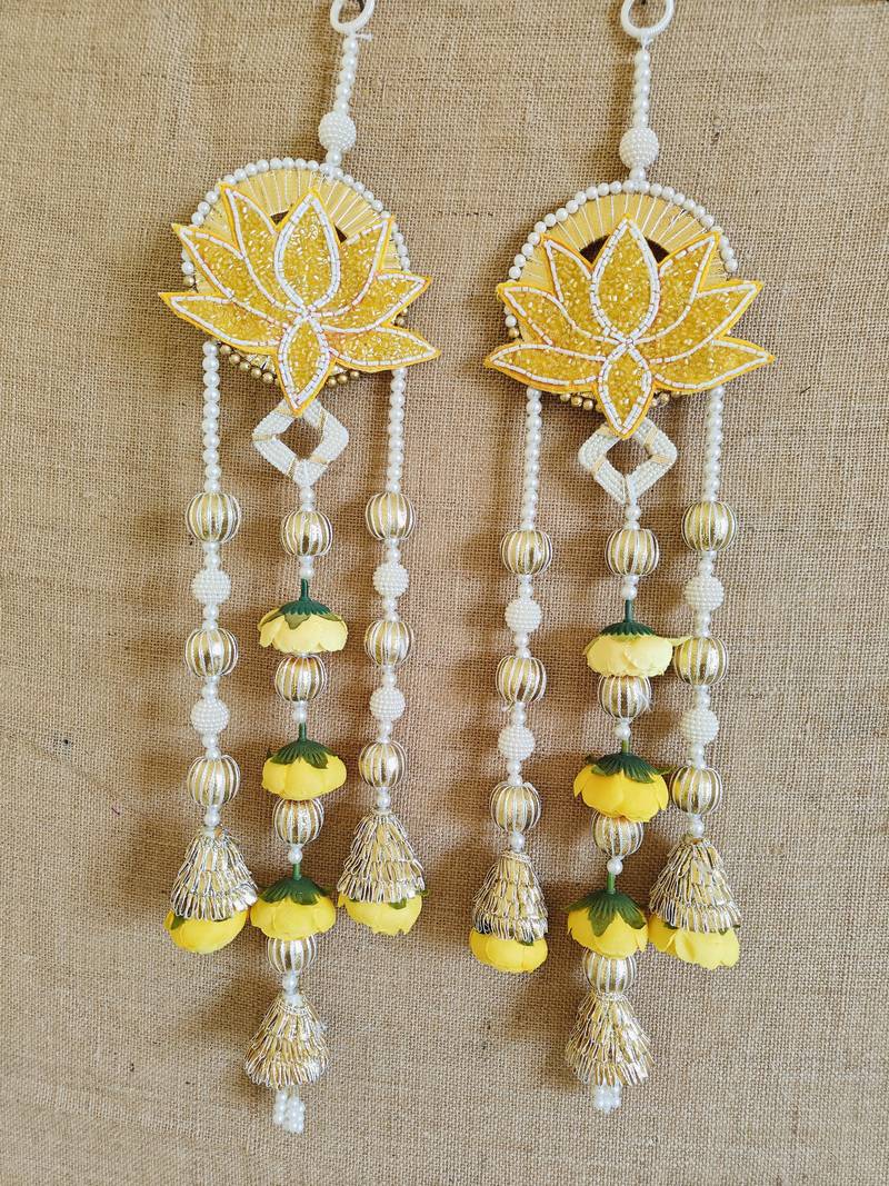 Decorative Yellow Lotus Patch Peony Latkan Hanging Perfect Home Decor | Handmade Door Hanging (Pack of 2)