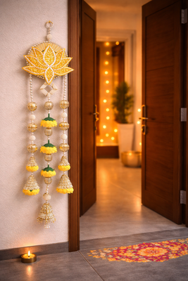 Decorative Yellow Lotus Patch Peony Latkan Hanging Perfect Home Decor | Handmade Door Hanging (Pack of 2) 2