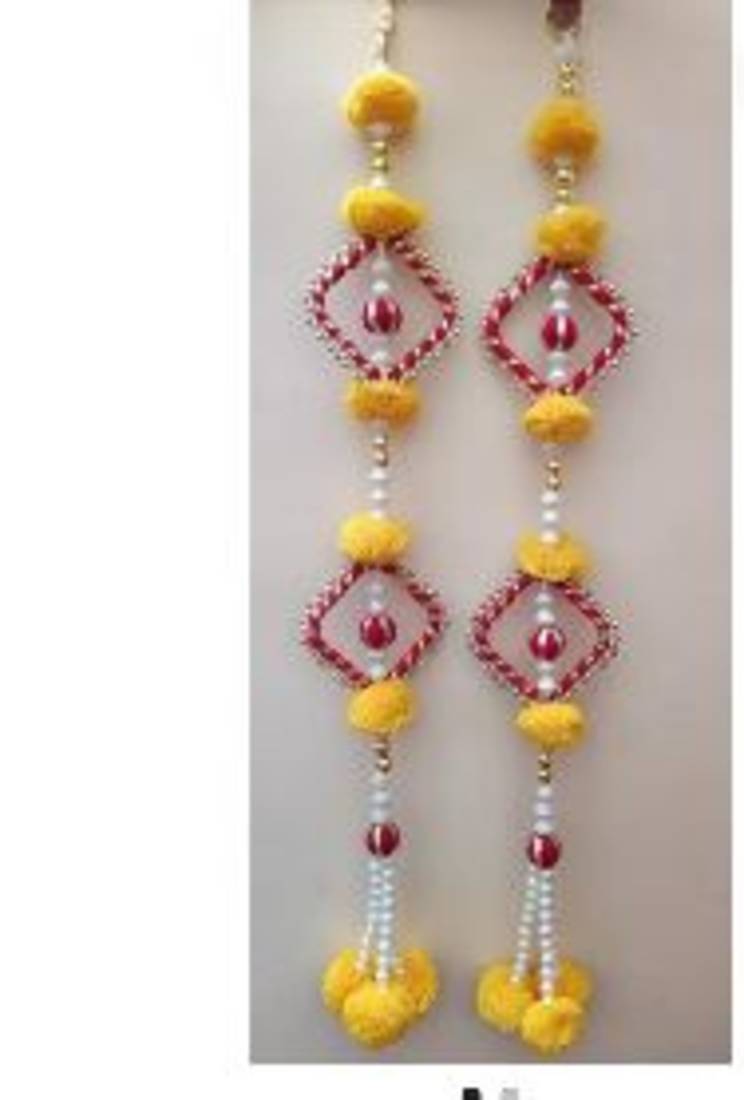 Handmade Yellow Pom Pom Hanging Decorative Pearl Beads Latkan for Home Decoration (Pack of 4)