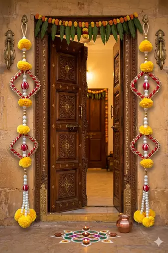 Handmade Yellow Pom Pom Hanging Decorative Pearl Beads Latkan for Home Decoration (Pack of 4)