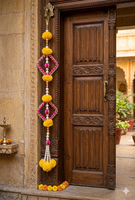 Handmade Yellow Pom Pom Hanging Decorative Pearl Beads Latkan for Home Decoration (Pack of 4) 3