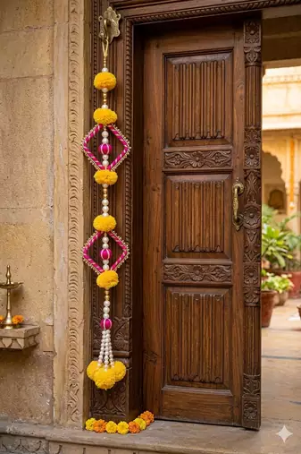 Handmade Yellow Pom Pom Hanging Decorative Pearl Beads Latkan for Home Decoration (Pack of 4)